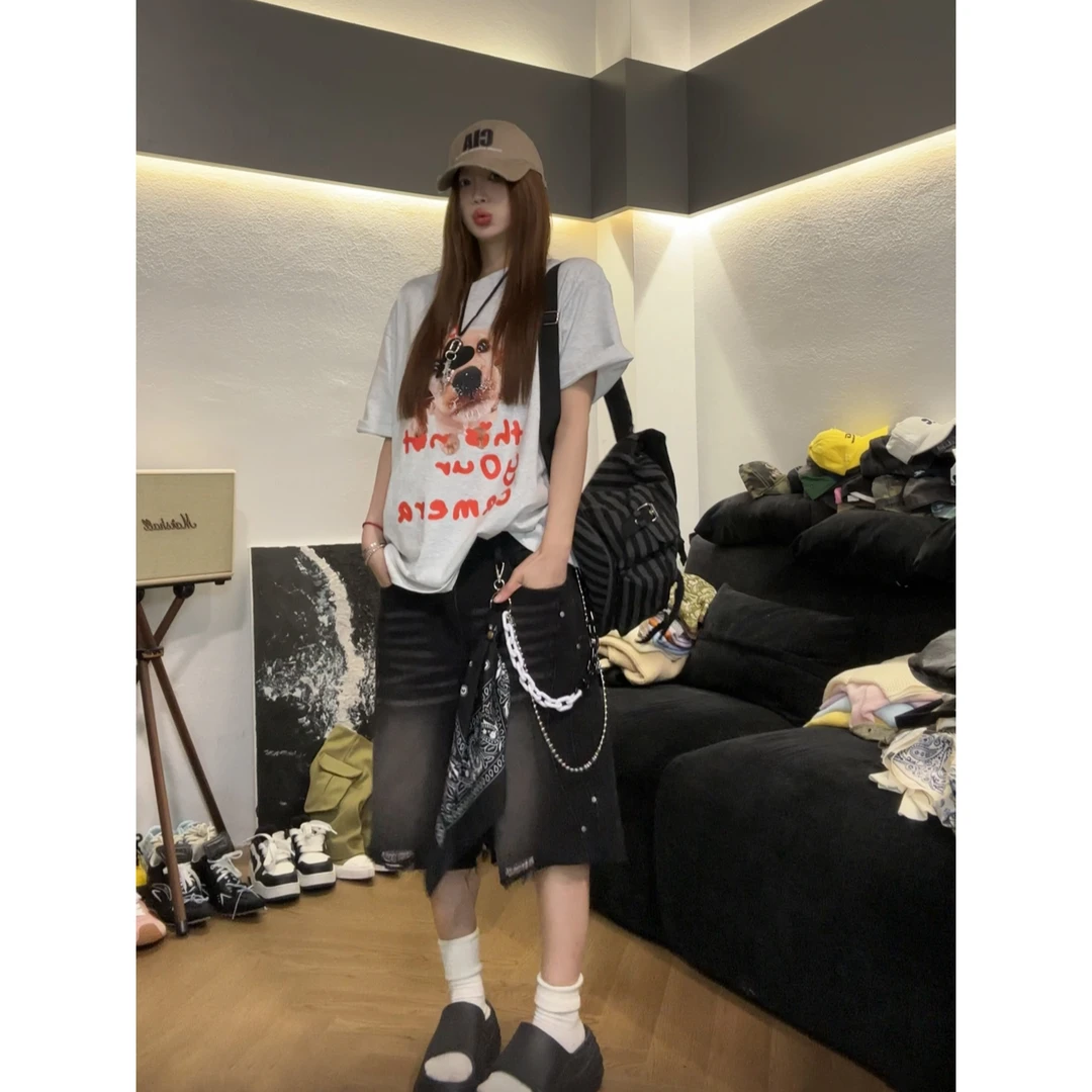 美式高街设计感小众破洞牛仔裤女夏季辣妹复古水洗宽松廊形七分裤