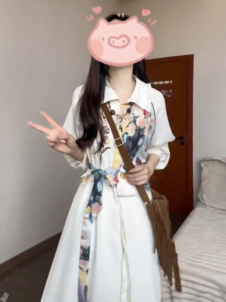 2025春季设计感油画印花连衣裙女收腰绑带拼接假两件过膝A字裙子