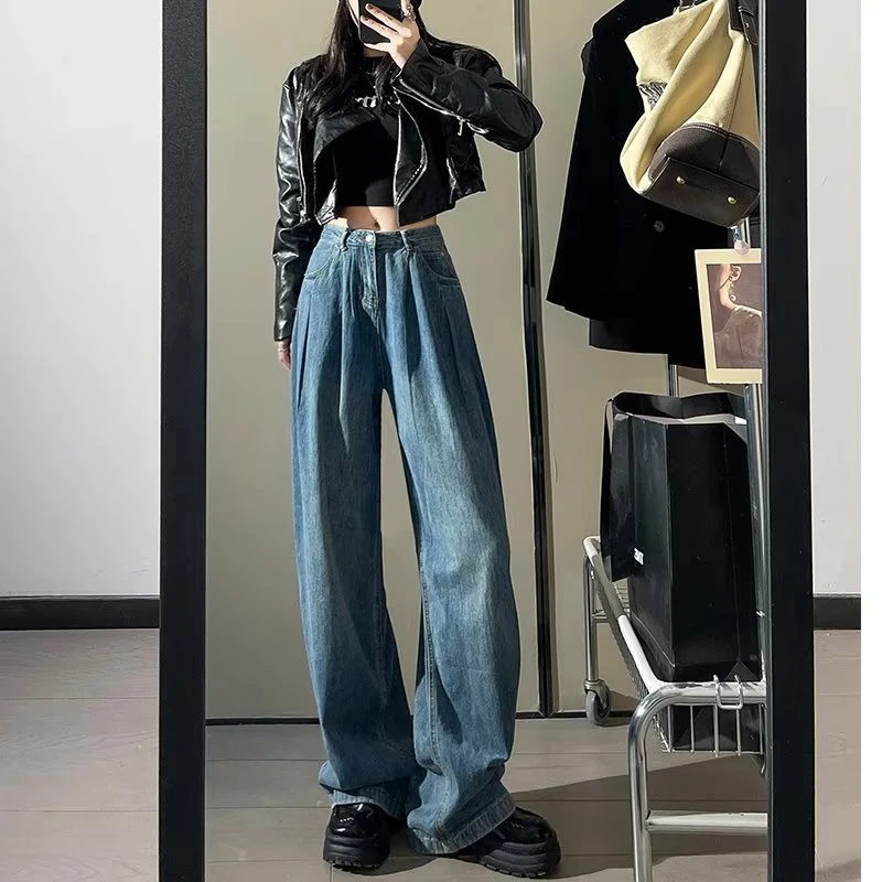 美式高腰阔腿牛仔裤女春秋新款复古大码胖mm宽松显瘦垂感拖地长裤