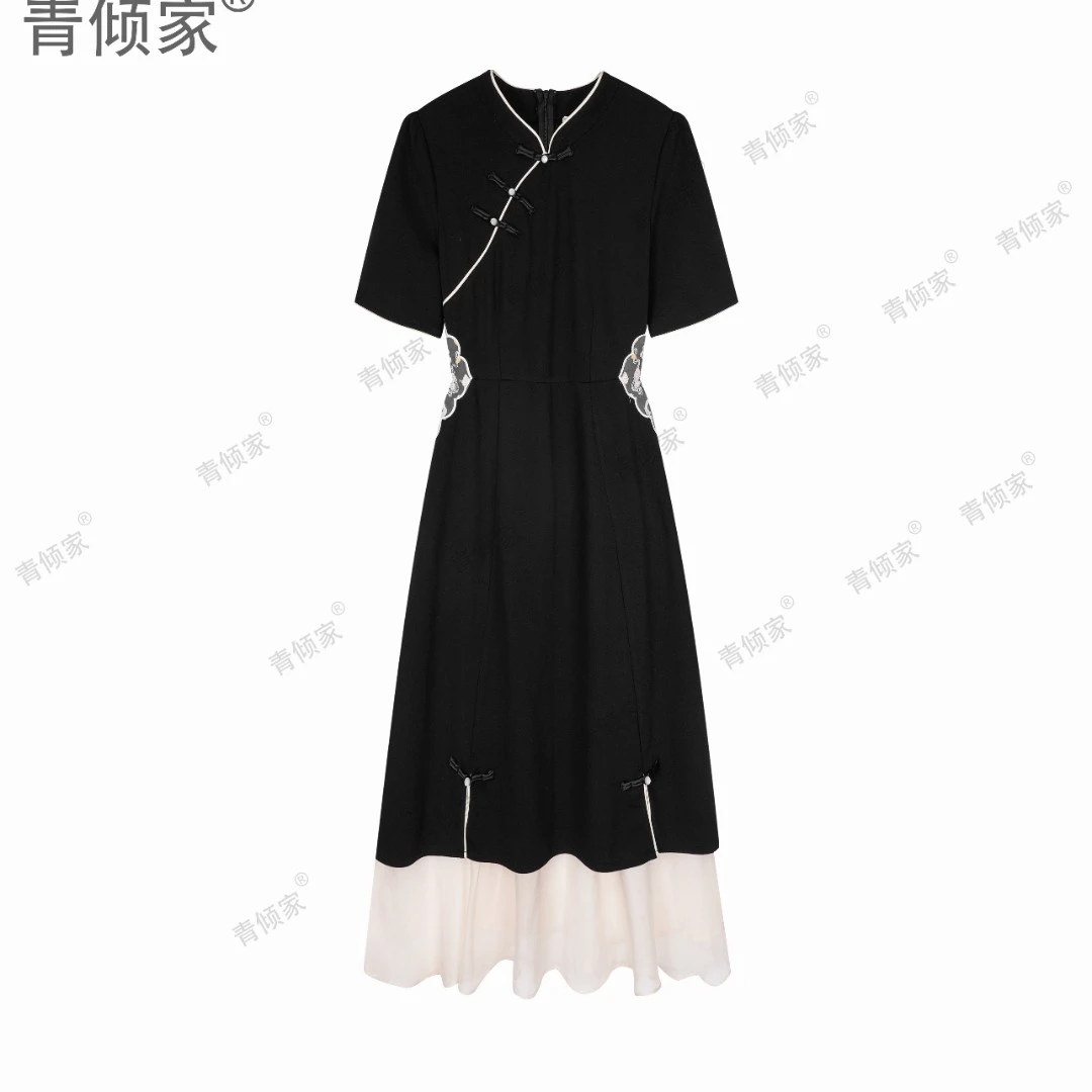 青倾家【江南湖畔】绣花拼接改良旗袍裙显瘦显气质打底衫夏季