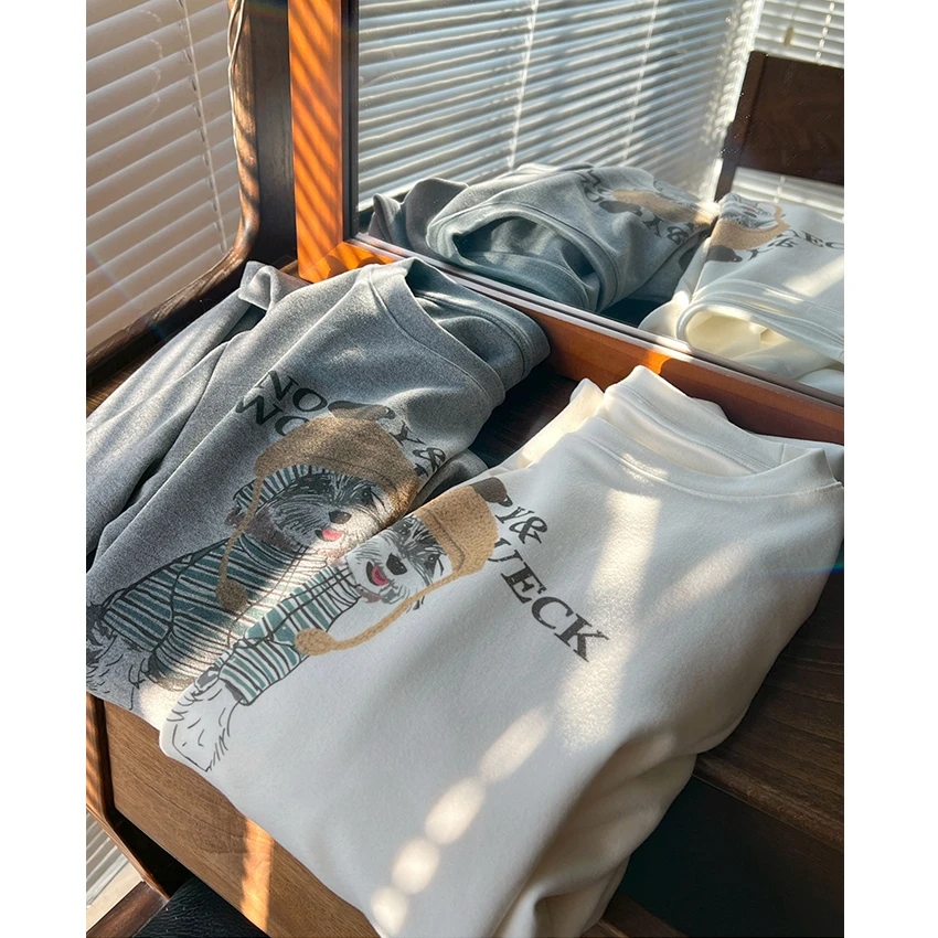 韩系小清新~减龄卡通狗狗圆领加厚绒感长袖t恤女内搭打底上衣