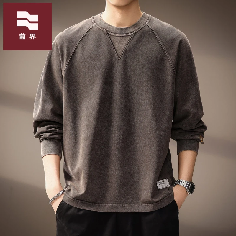 高端日系覆古肌理感拼接长袖T恤男士秋季新款潮流宽松圆领上衣衫