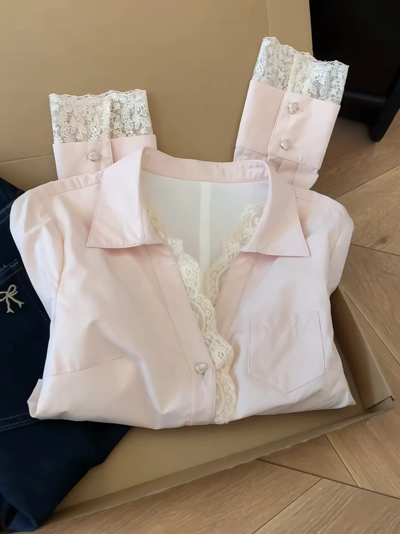 法式甜美减龄粉色掐腰显瘦衬衫2025秋季薄款纯欲蕾丝拼接长袖衬衣