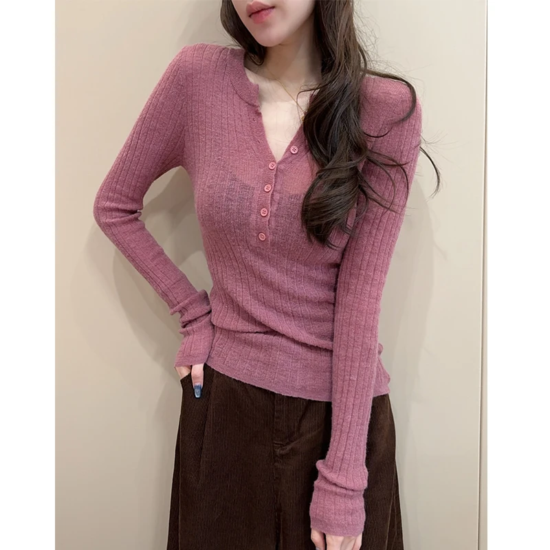 【桶哥欧货】25秋冬修身显瘦打底针织衫女超细羊驼毛开口领微透毛衣