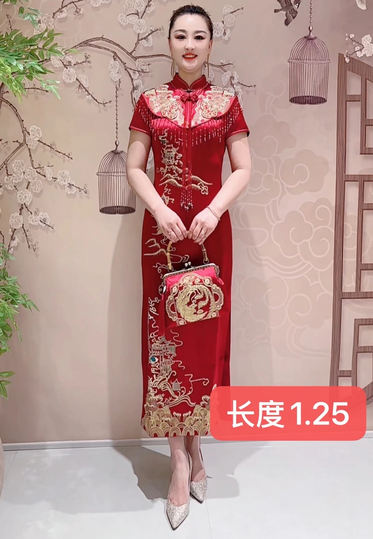 六礼海水祥云修身显瘦旗袍高贵中式红色礼服➕云肩披风002