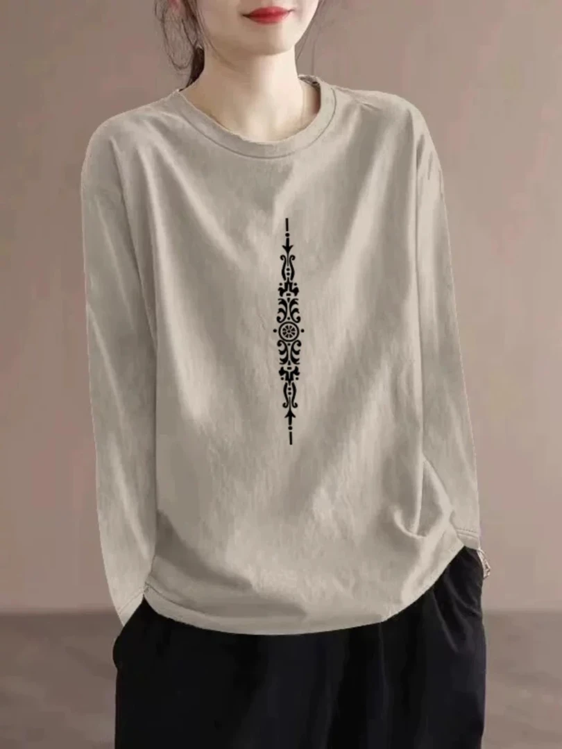 2025年新款春秋款圆领92棉百搭上衣宽松显瘦女装印花文艺气质T恤