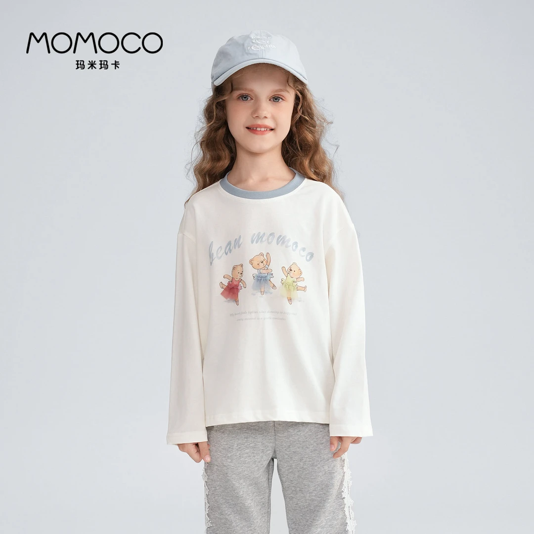 MOMOCO夏季女童长袖甜美洋气小熊图案T恤百搭上衣77780235008