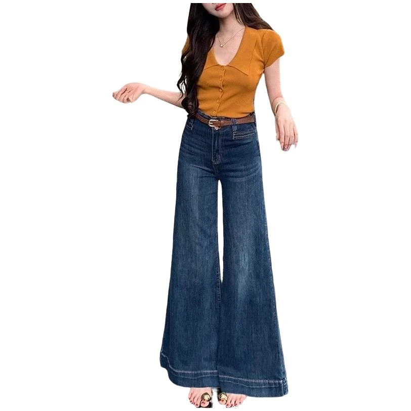 港味超百搭时尚阔腿牛仔裤女2025夏季高腰不贴腿显瘦显腿长拖地裤