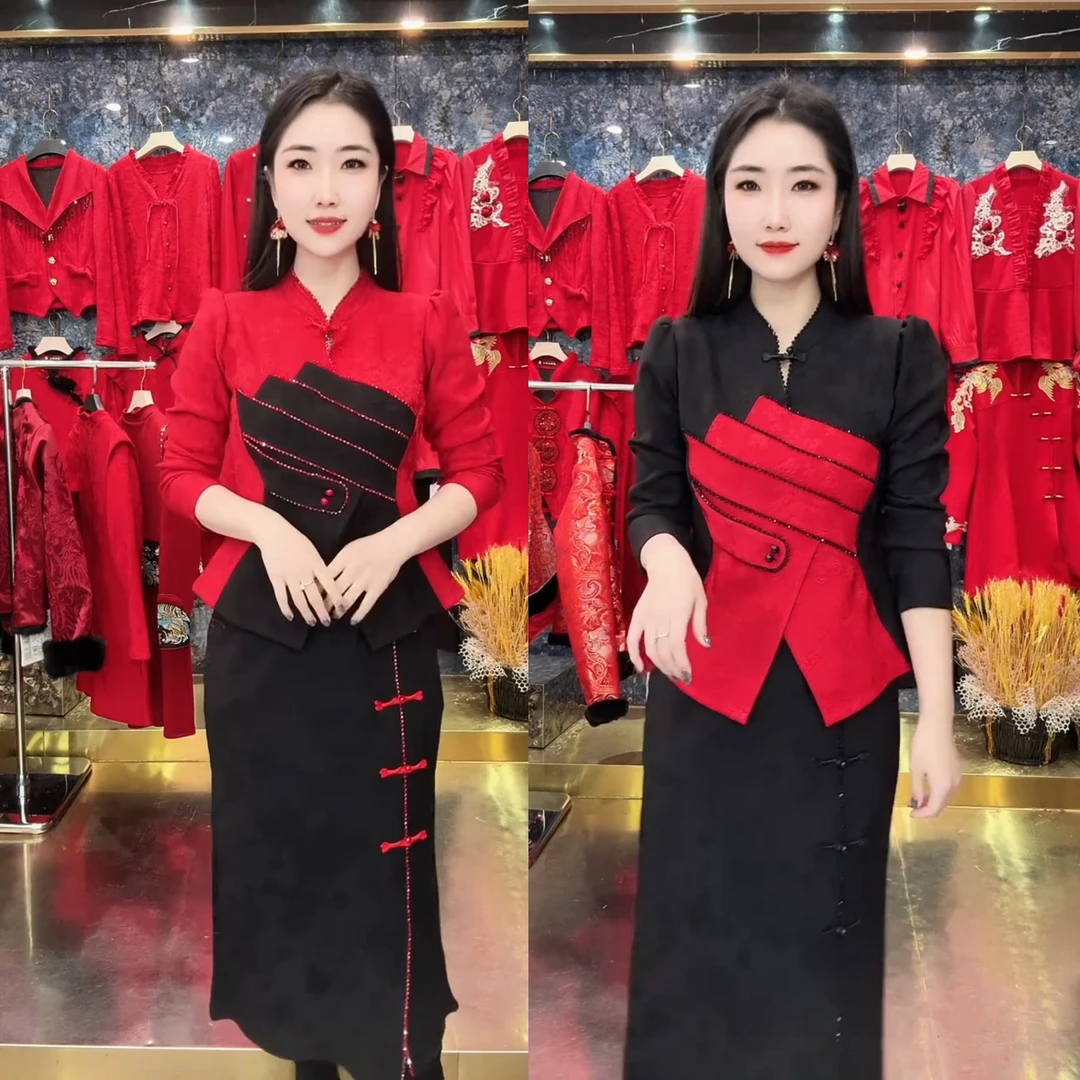 新中式时尚套装衬衫时尚女装上衣套装修身冬季上衣+半身裙套装