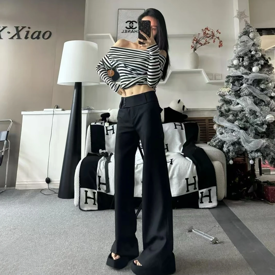 显瘦低腰黑色西装休闲裤女秋季高级感修身垂感微喇叭裤子拖地长裤