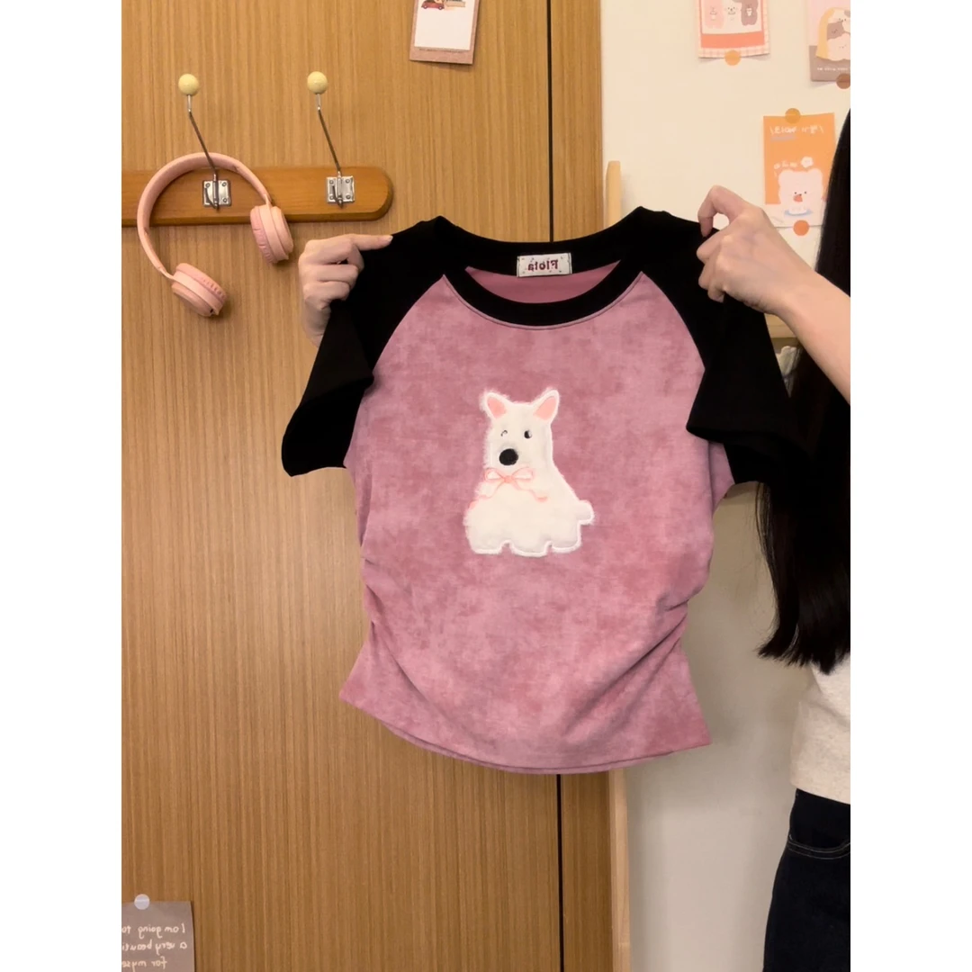 【清仓】8348毛绒蝴蝶结小狗扎染插肩短袖T恤女学院风夏季短款上衣