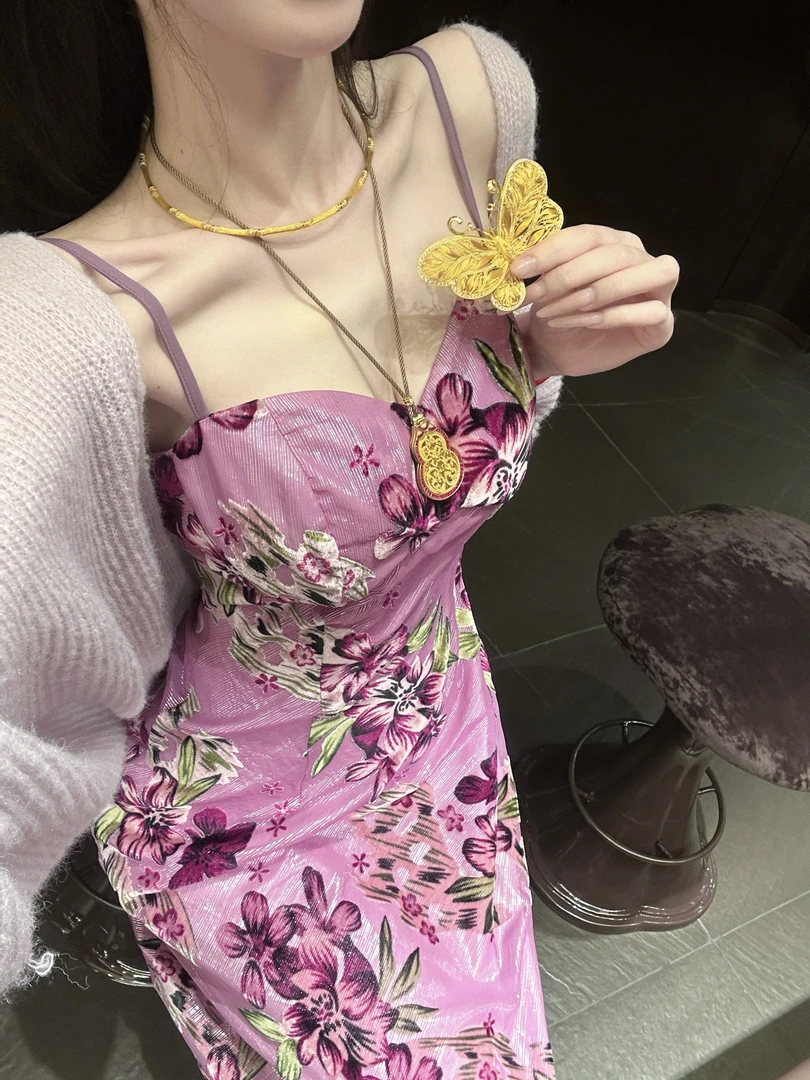 【雅乔定制 预热链接】紫色银丝烧花吊带连衣裙DYZY-25067691