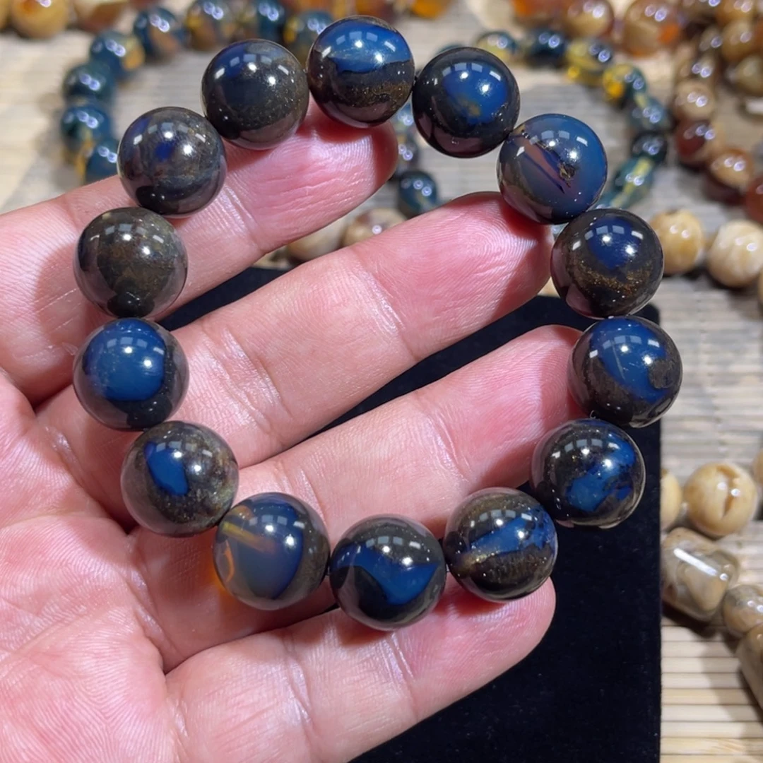 琥珀未镶嵌裸石15规格蓝溶洞手串