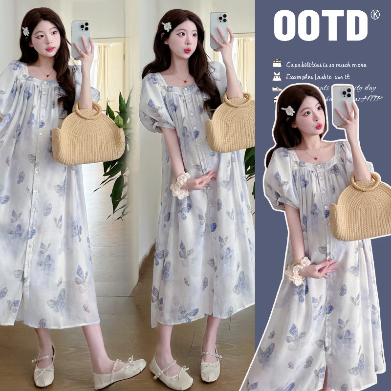 2025新款纯色休闲淑女大码孕妇连衣裙大码女装碎花显瘦气质时尚