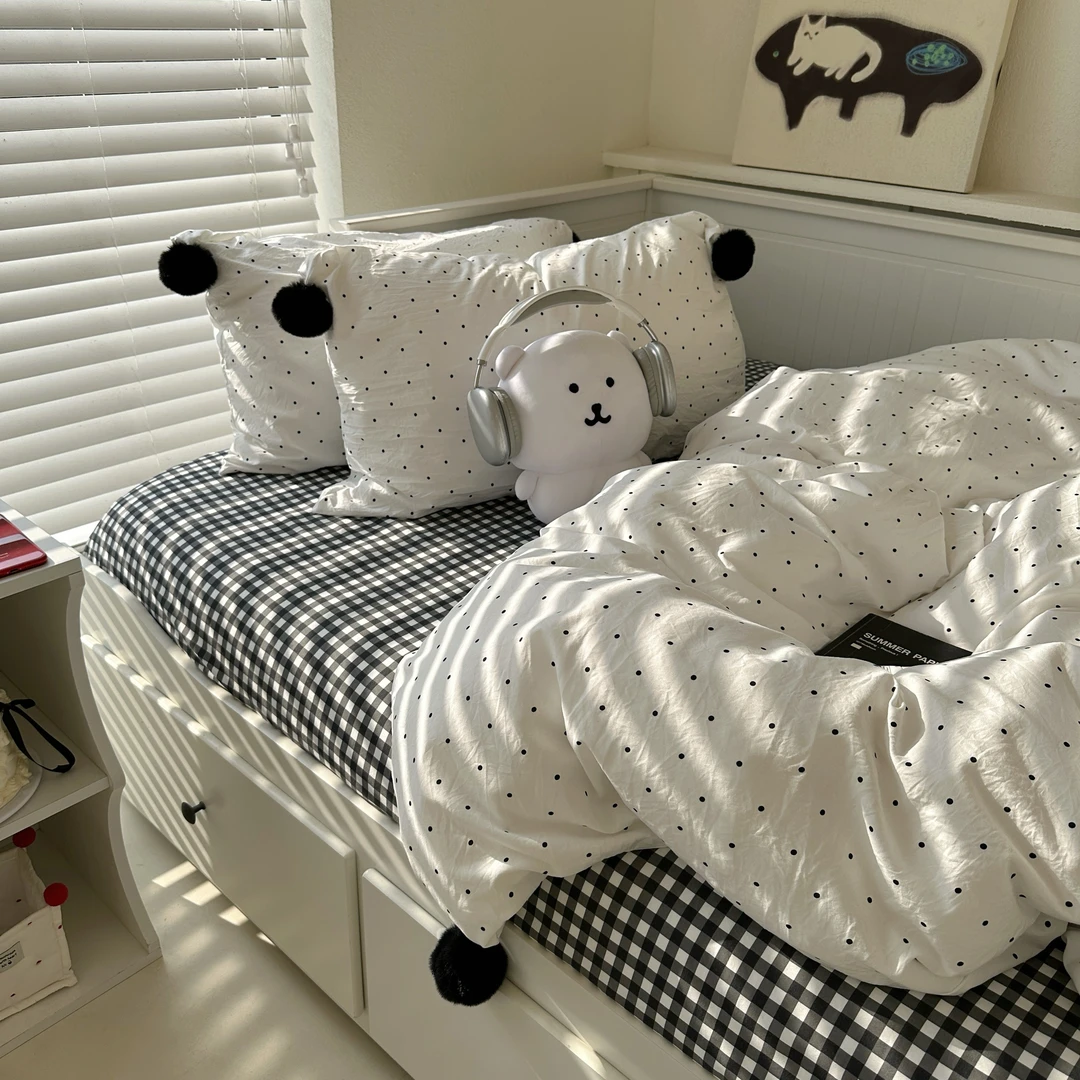 纺臣【黑格波点】ins高级感超柔水洗棉被套床单四件套单人床三件套