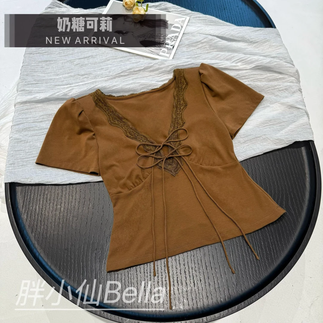 【胖小仙】<奶糖可莉>千金风修身型针织衫复古气质系带打底衬衫
