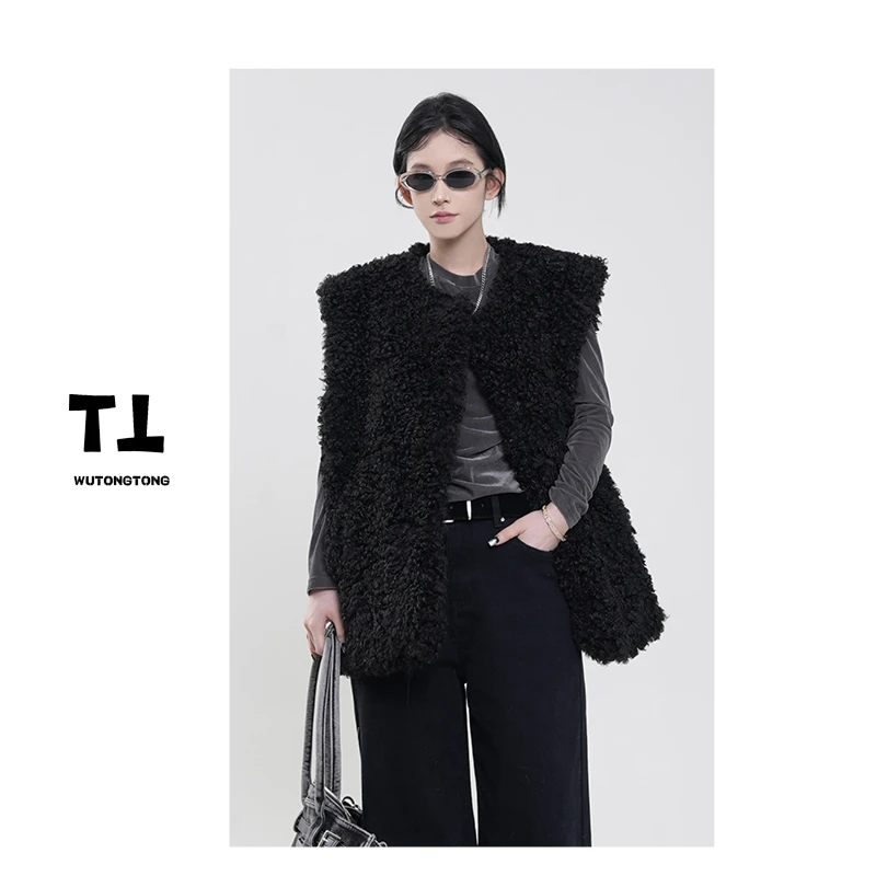 现货【黑巧摩卡】秋冬季夹棉毛毛马甲女宽松无袖马夹外套上衣61702