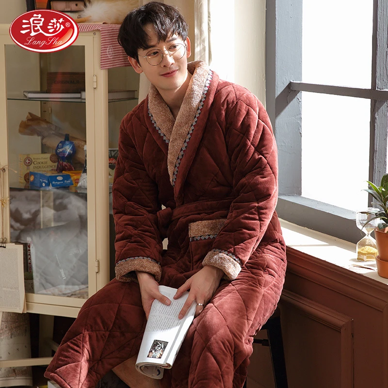 浪莎超厚三层睡袍男士冬季加厚加绒长款珊瑚绒夹棉男款睡衣浴袍保