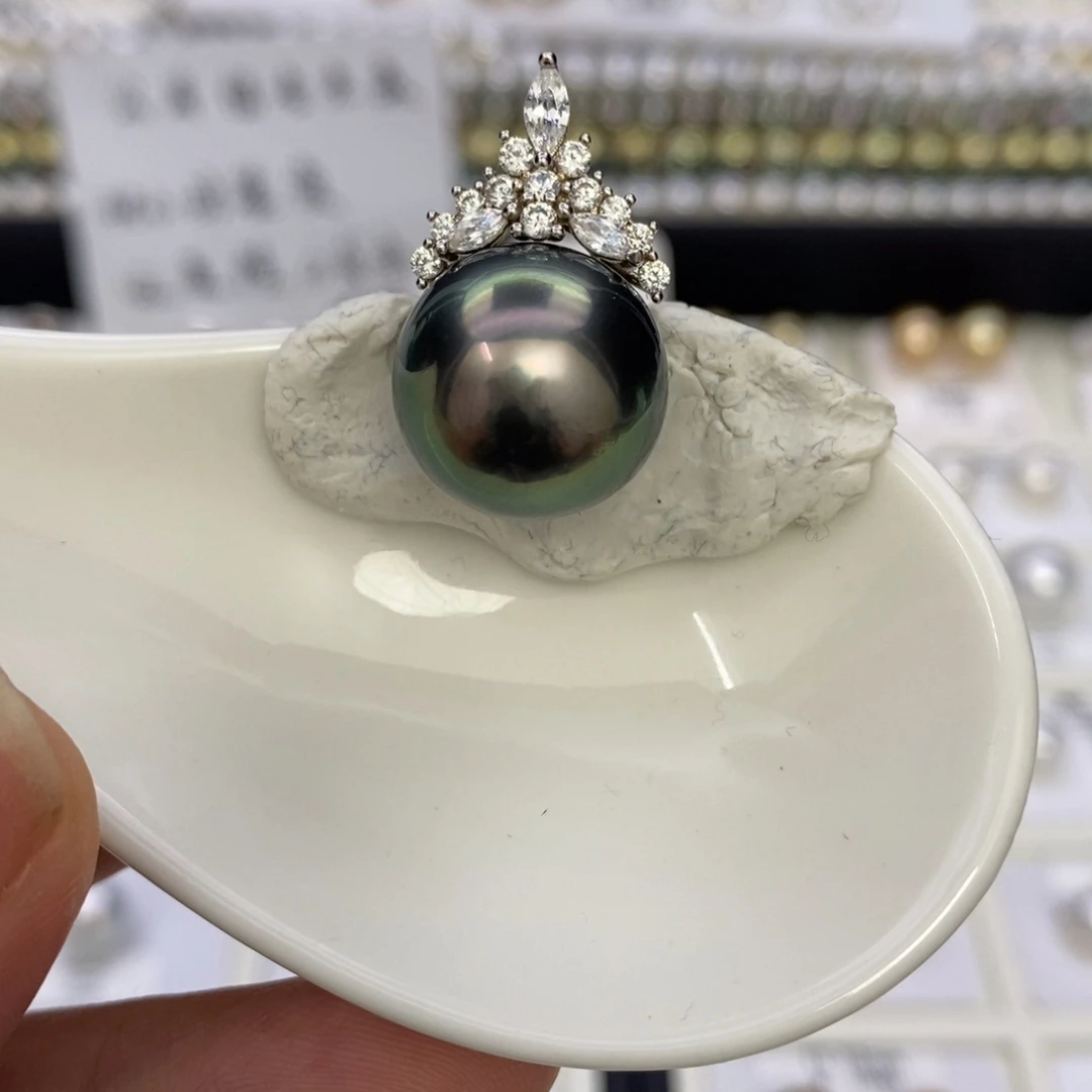 银S925镶嵌海水珍珠耳饰15.4mm大溪地吊坠