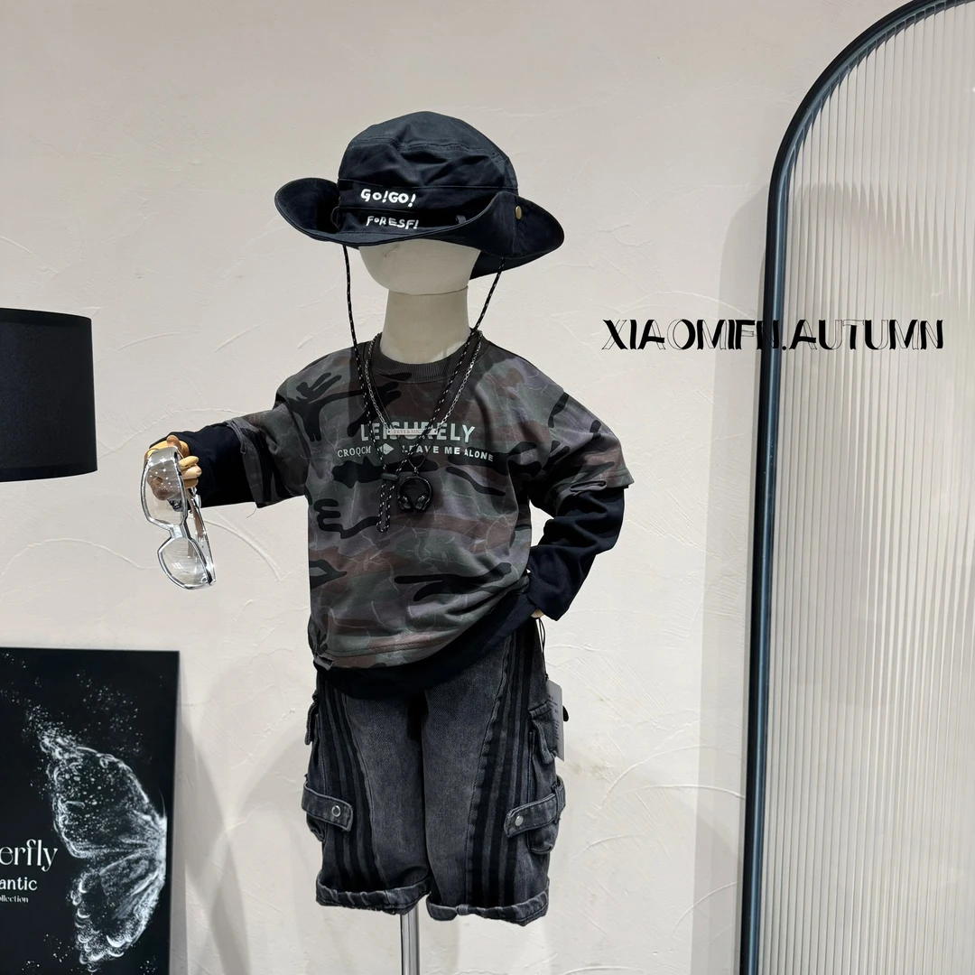 儿童迷彩打底衫2025新款韩版男童装洋气T恤百搭宽松纯色潮酷25385