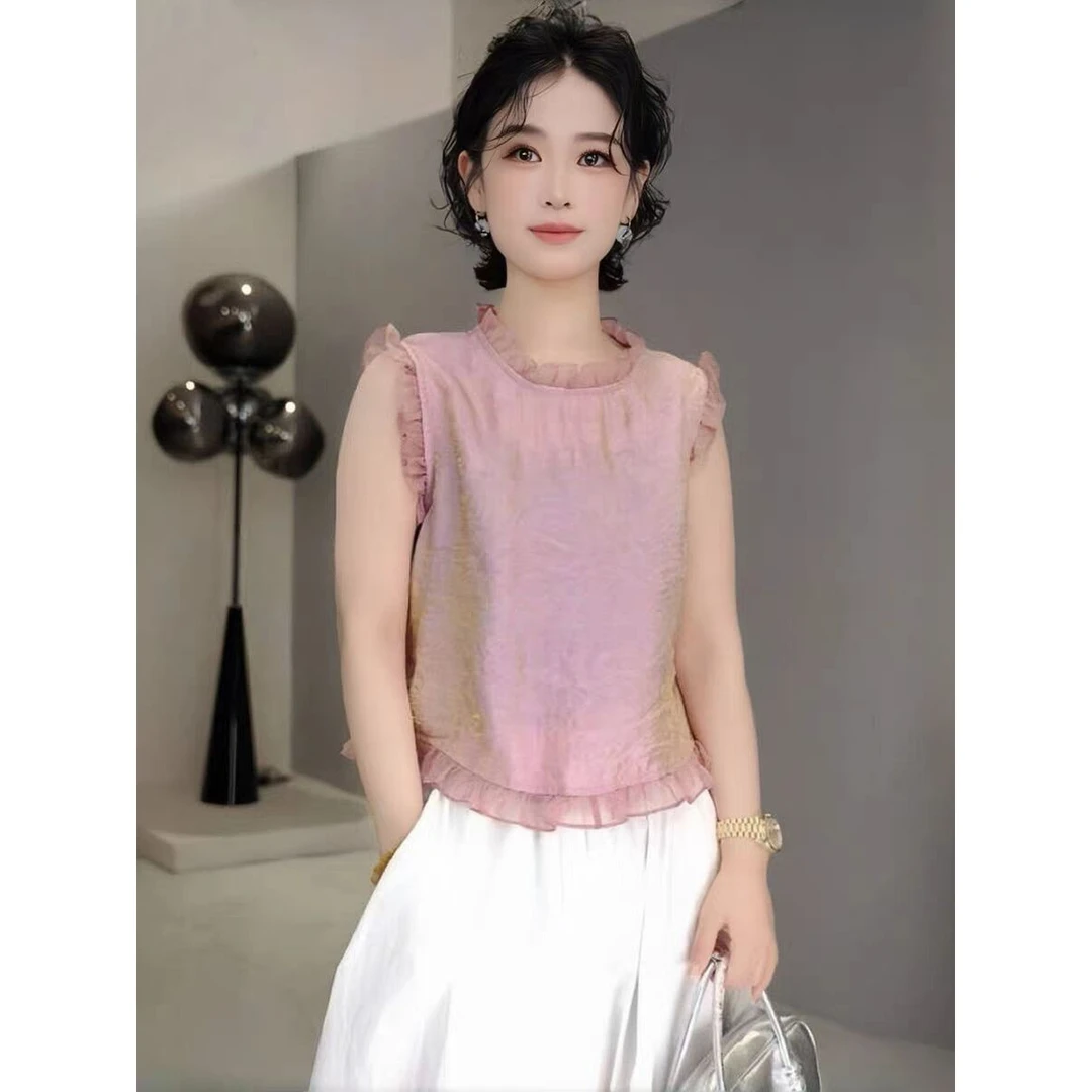 哥弟阿玛施正品厂家直销25夏减龄花边无袖衬衫女法式高级感气质显