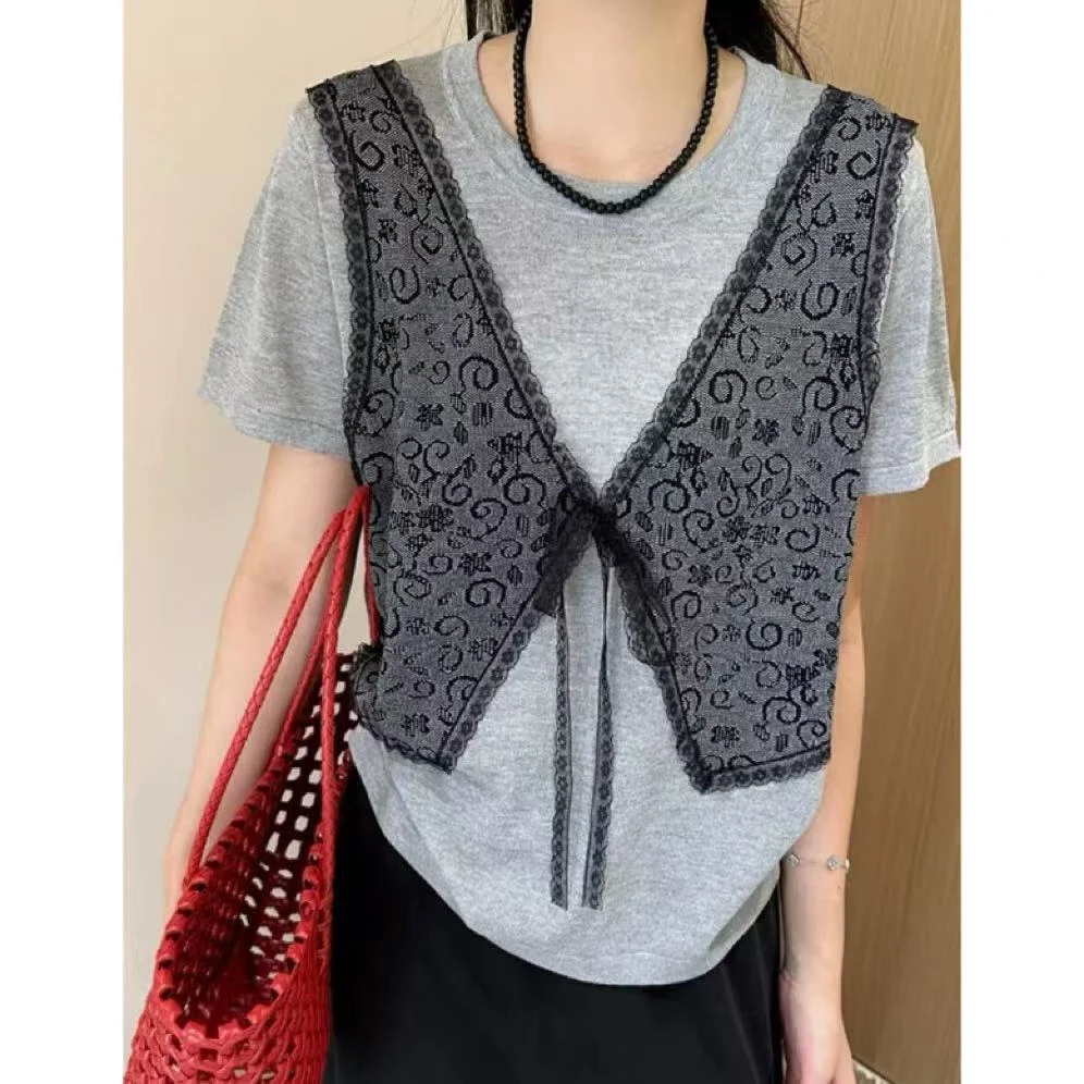 丽丽家~马甲T恤短袖气质时尚百搭夏季镂空拼接上衣