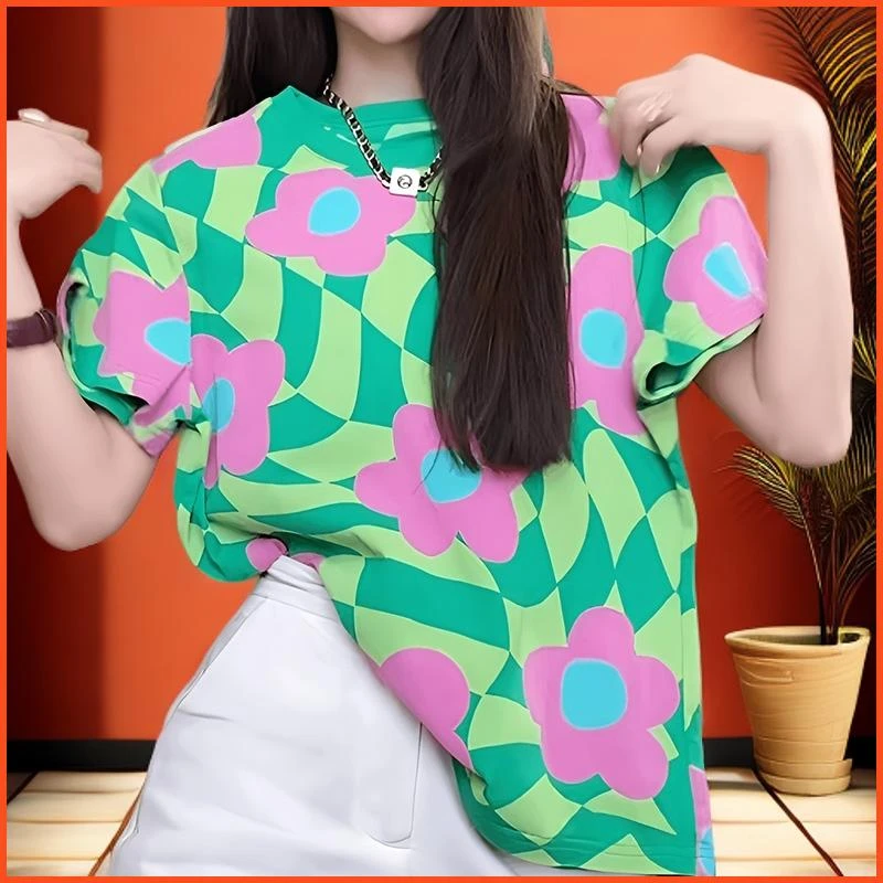 纯棉圆领t恤女款微胖短袖t恤女2025新款夏季减龄绿色印花T恤上衣