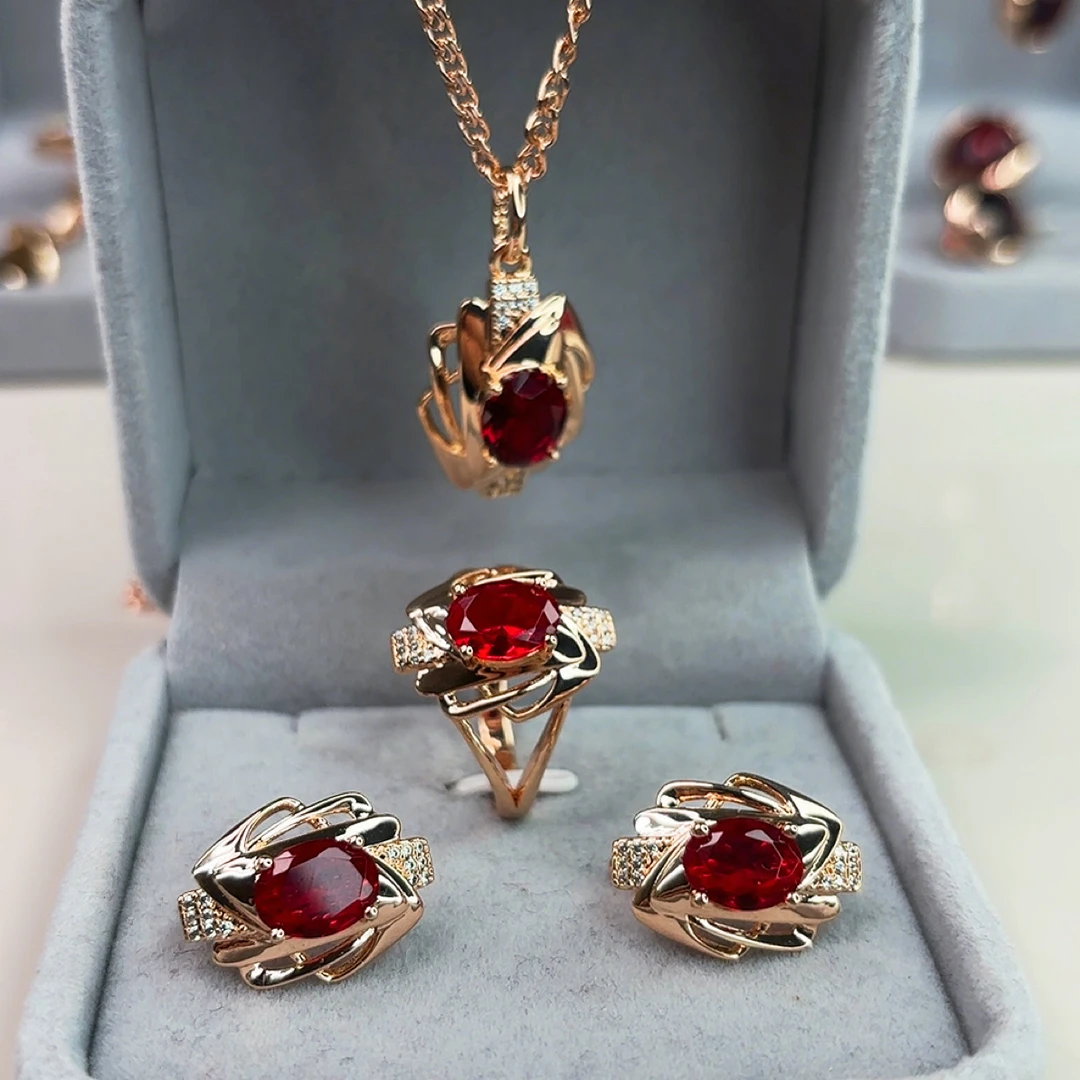 铜合金锆石项链 镀金不规则红钻套装