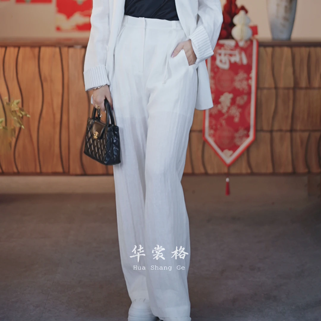 华裳格春季新款新中式亚麻休闲裤女士百搭直筒裤HS1407