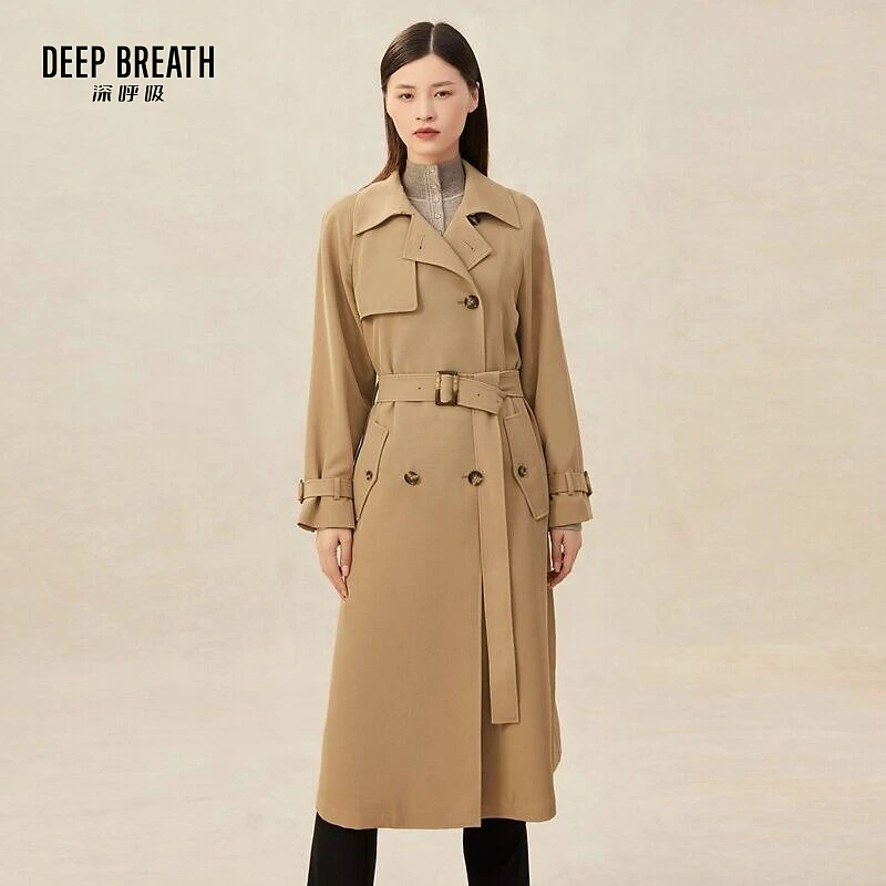 DEEP BREATH深呼吸新款通勤风翻领双排扣长风衣外套女A400697
