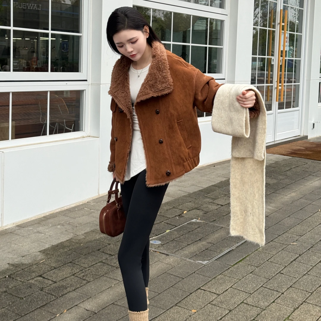 海宁女装秋冬季美拉德机车双排扣绵羊毛全羊毛颗粒外套