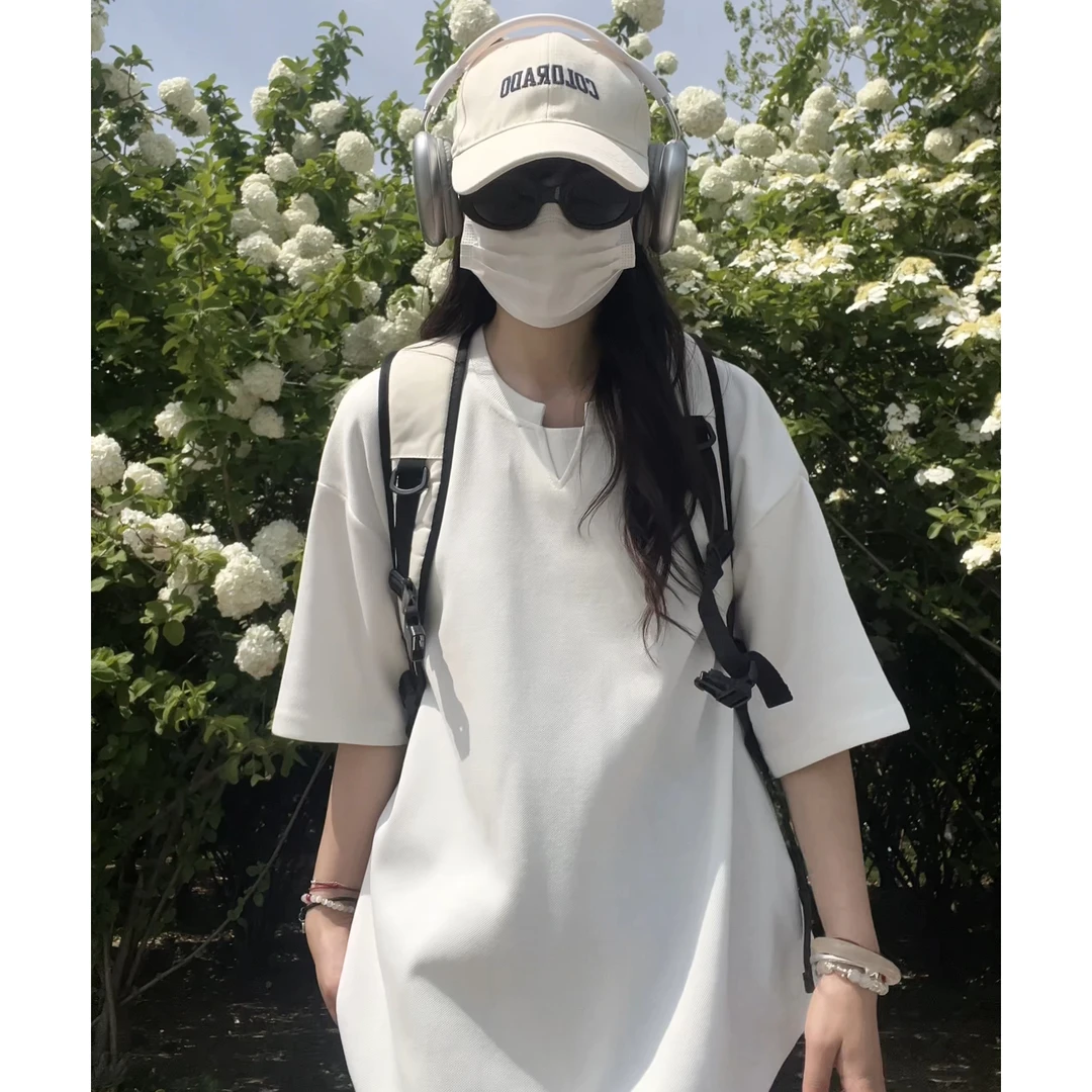 美式高街V领假两件短袖t恤男女宽松夏季白色休闲纯色半袖体恤上衣