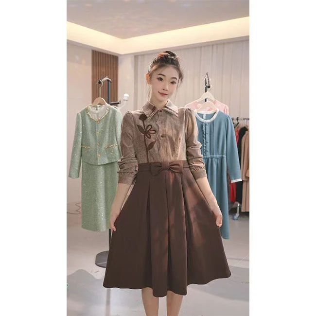 L651 小香度假风气质长袖连衣裙2025年秋季新款时尚洋气收腰显瘦