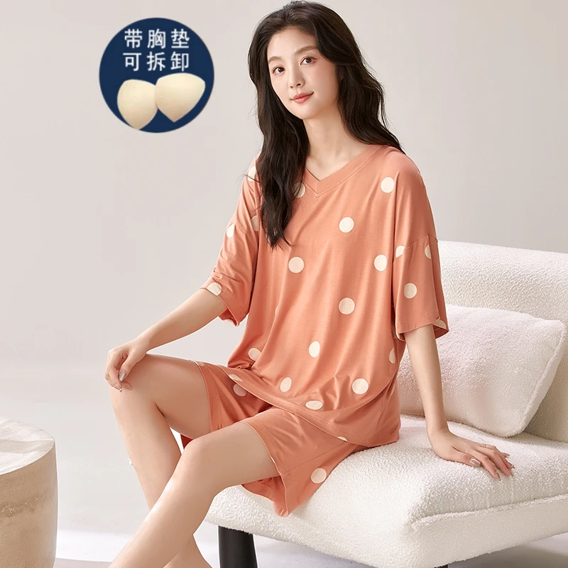 莫代尔睡衣女带胸垫可拆卸夏季短袖短裤宽松大吗200斤简约家居服