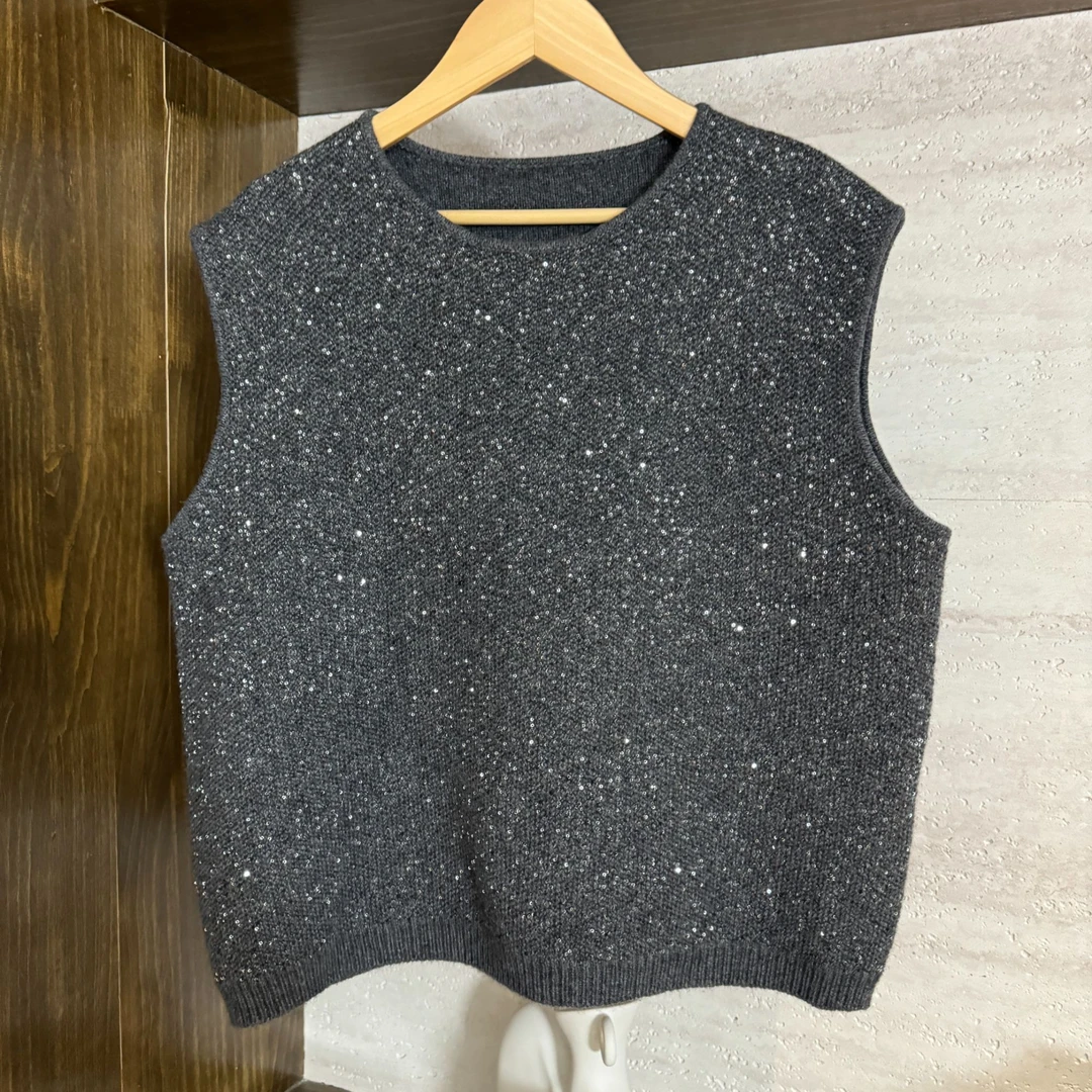 【笔墨书香】战袍系列羊毛兔毛浣熊马甲时尚亮片无袖针织衫女上衣