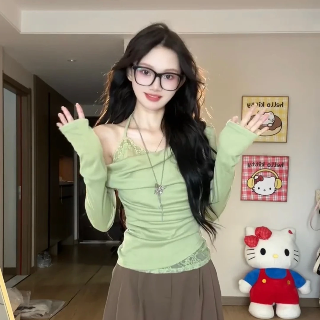 假两件斜肩荡领长袖T恤女蕾丝挂脖打底衫上衣