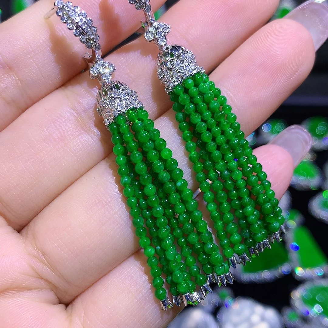 翡翠18K金镶嵌耳饰高冰满绿