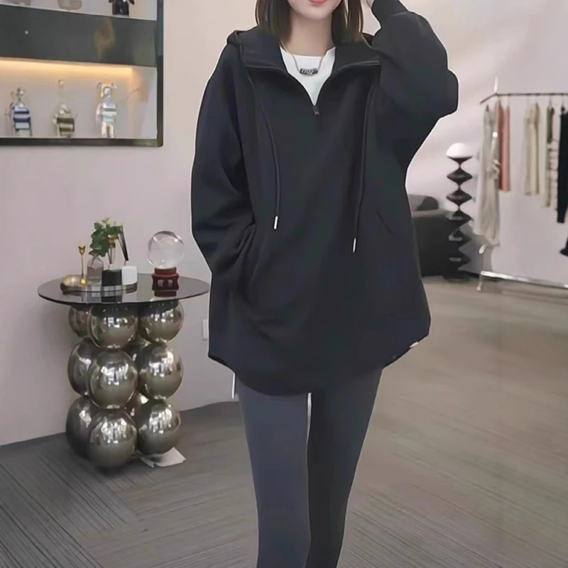 大码女装流光风中长款上衣潮秋季新款胖mm宽松半拉链连帽长袖卫衣