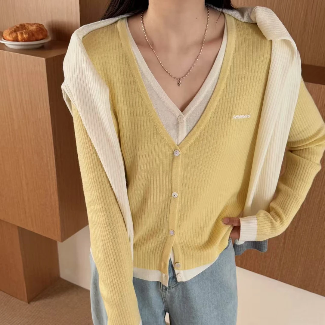 伟丽店3007款【假两件针织开衫】春款假两件双V领长袖针织开衫