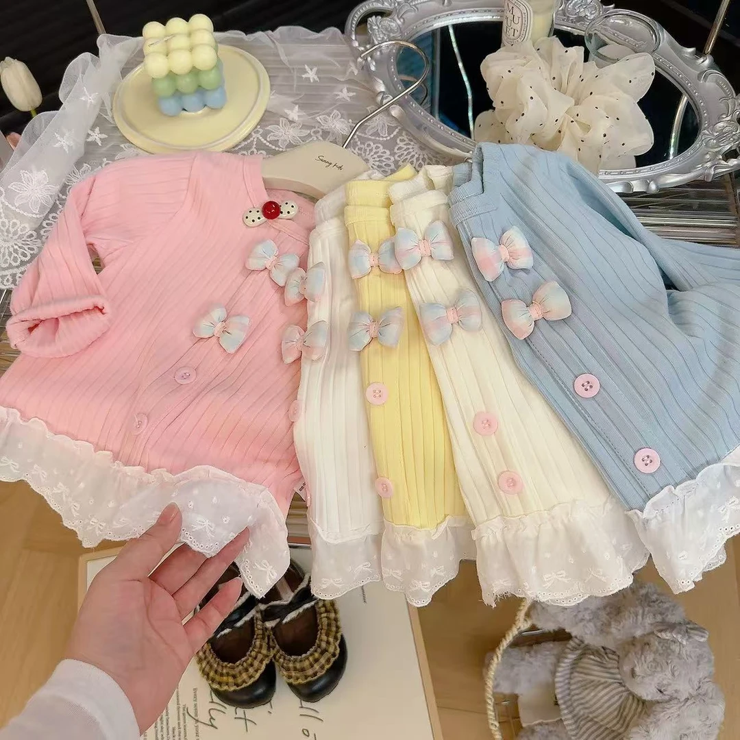 2025秋季新款女童蝴蝶结蕾丝长袖上衣甜美可爱萌趣活泼