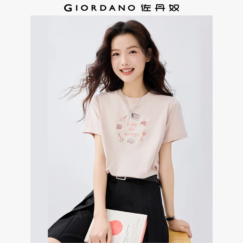 佐丹奴纯棉T恤女装假日独白主题印花圆领针织短袖T恤 13395204