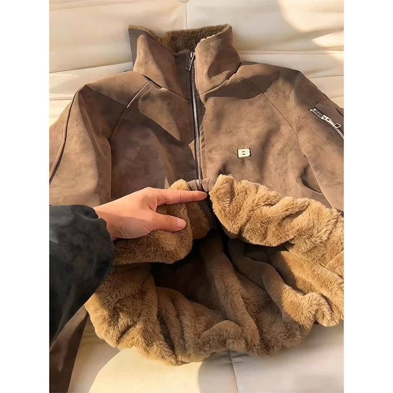 美式羊羔绒pu皮棉服外套男款冬季加绒加厚保暖棉衣仿兔毛立领夹克