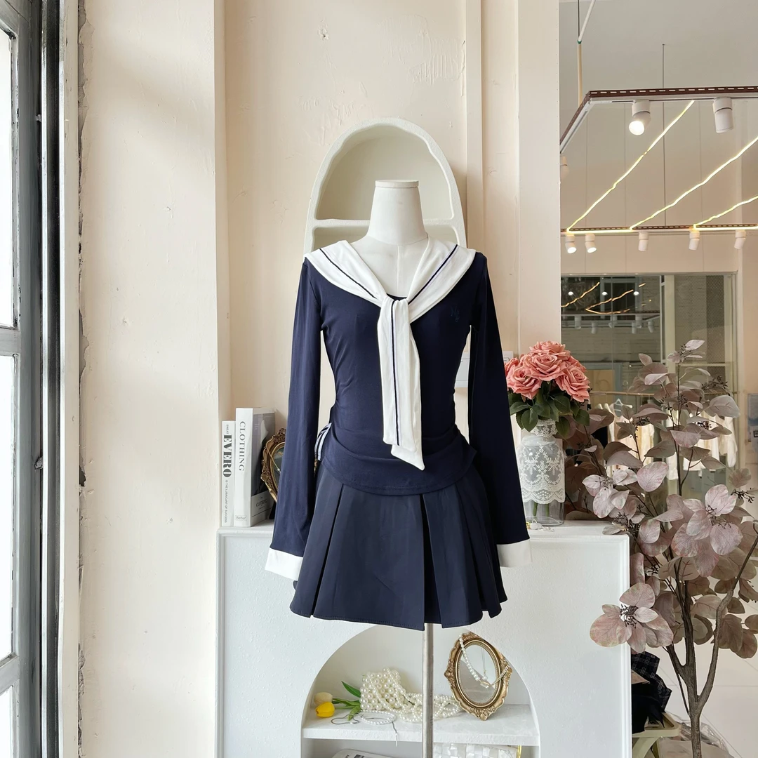 LHTE青青大码衣橱 春夏海军收腰修身上衣+百褶短裙T7234藏青色