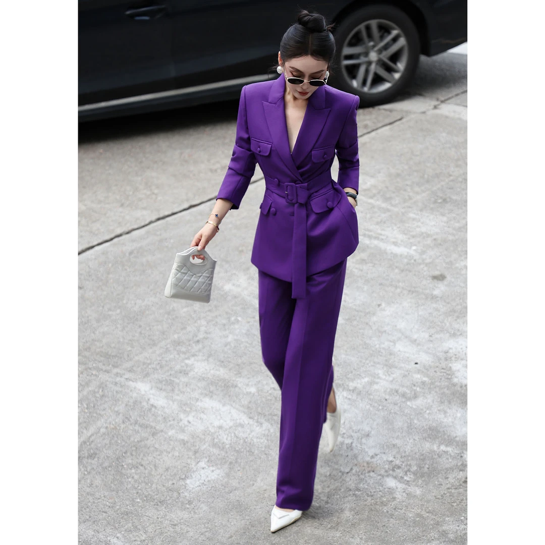 欧洲站女装2025秋冬新款法式紫色西服套装裤气质高级感时尚两件套