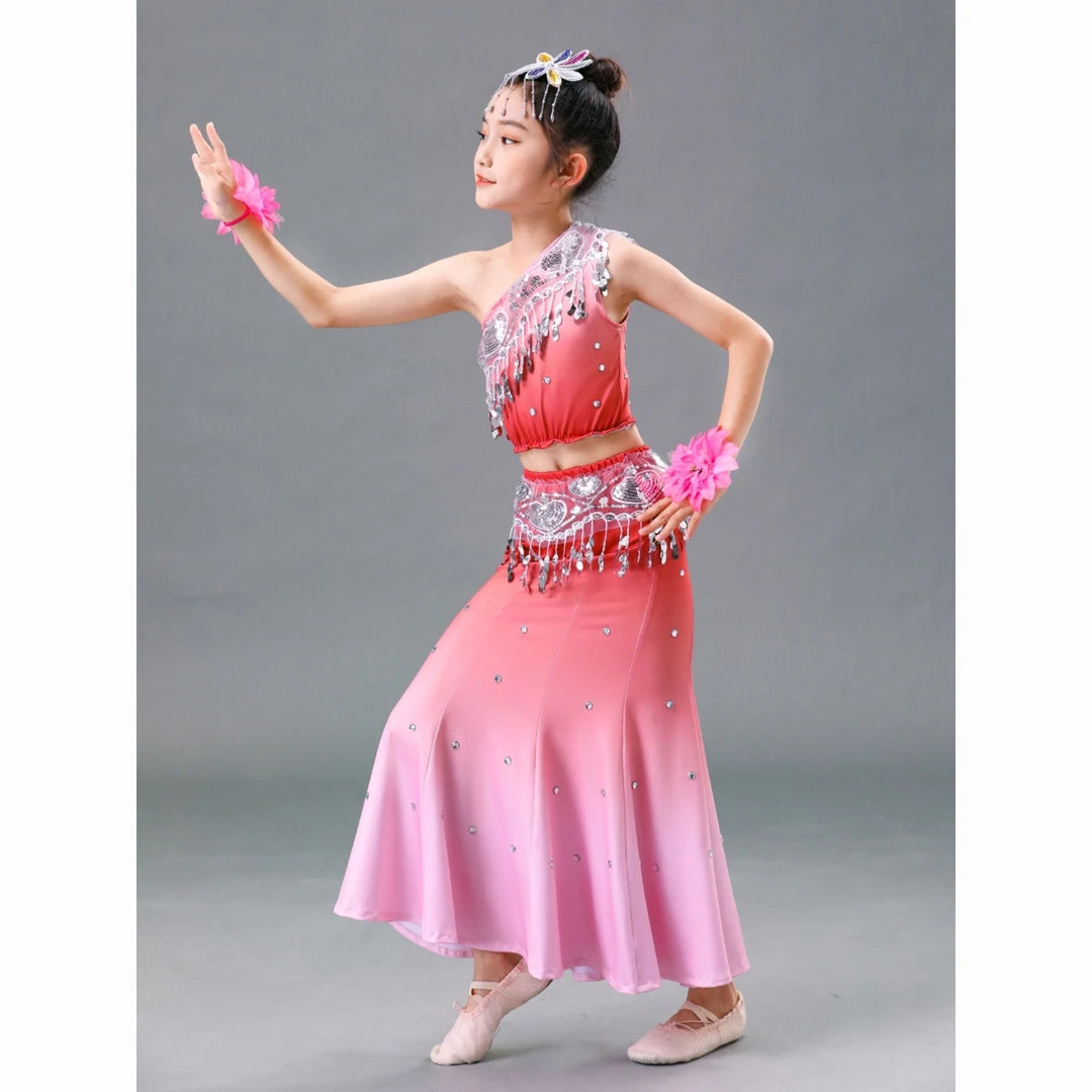 儿童傣族舞蹈服女童演出服考级比赛鱼尾裙表演服孔雀少儿民族服装