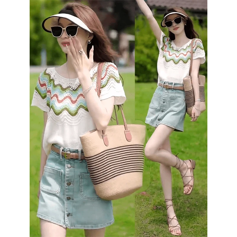 彩虹波浪镂空针织衫女2025新款爆款夏季薄款圆领针织短袖t恤上衣