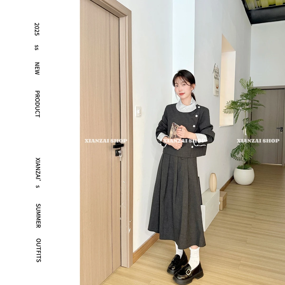 XIANZAI【古堡情书】秋冬反季设计感领结拼接外套百褶长裙两件套装