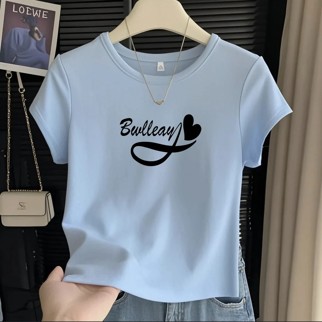 女短袖小版t恤蓝色短袖t恤圆领短款螺纹棉修身显瘦趣味印花女T恤