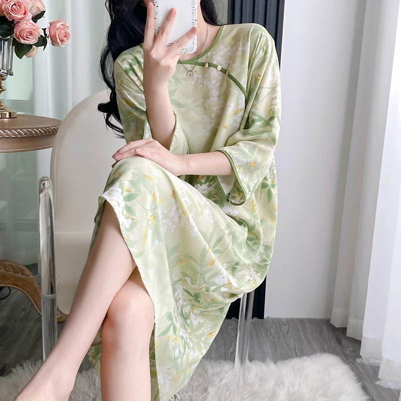 夏款国风棉绸睡衣女中袖睡裙人造棉绵绸薄款宽松新中式家居服长裙