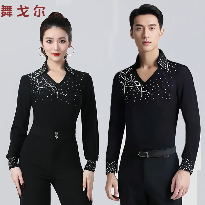 男女同款拉丁舞上衣长袖烫钻摩登舞交谊舞演出比赛练功女跳男步